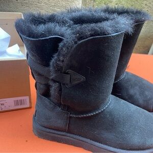 UGG Black Suede Boots with Fur Trim